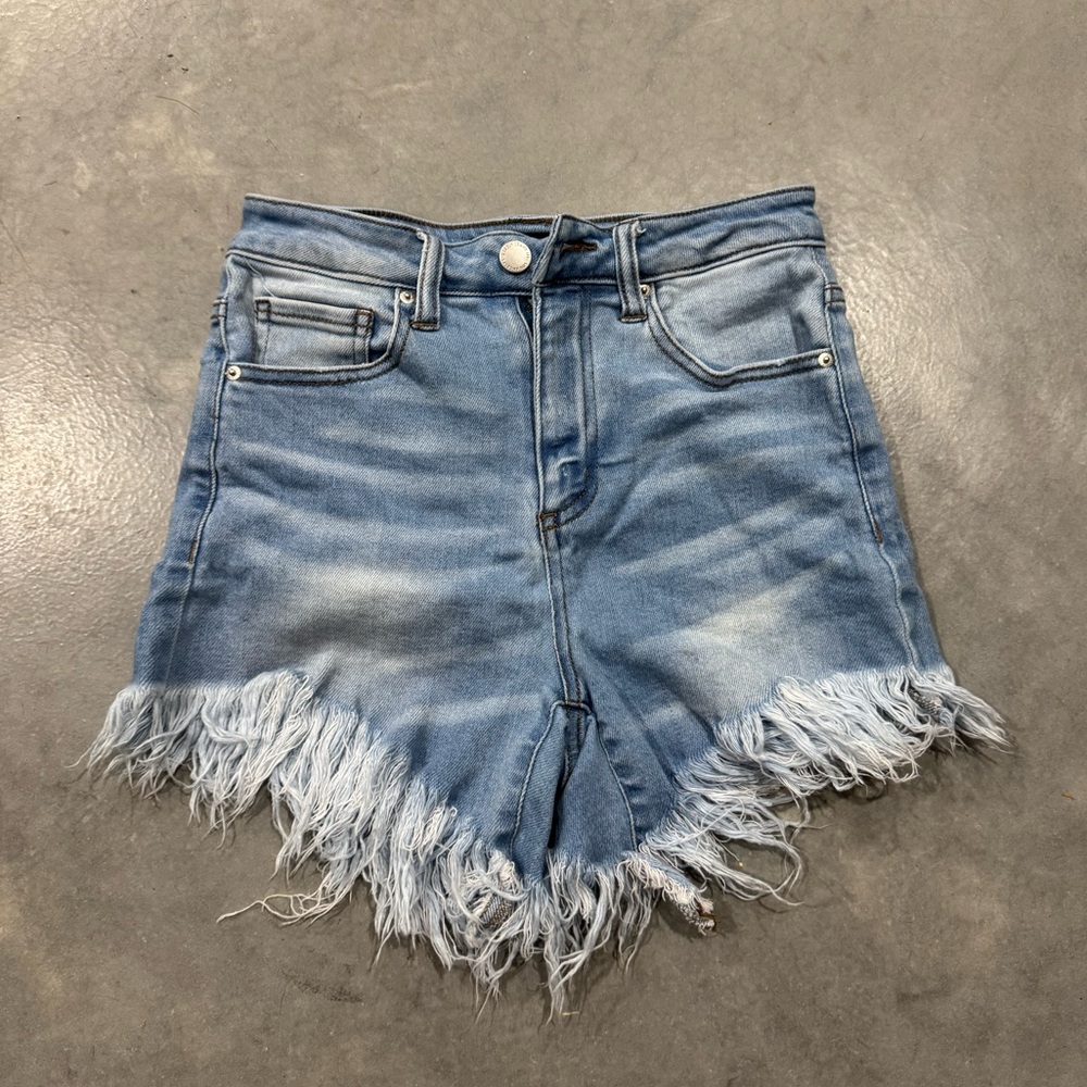 Risen Los Angeles Blue Jean Shorts with Distressed Frayed Hem